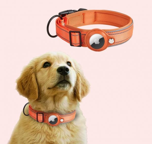 Custom Air tag dog collar with reflective stripe leather pocket for tag tracker Apple connecting pet collar