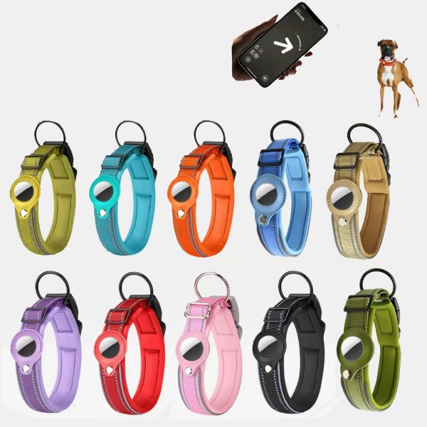 Custom Air tag dog collar with reflective stripe leather pocket for tag tracker Apple connecting pet collar