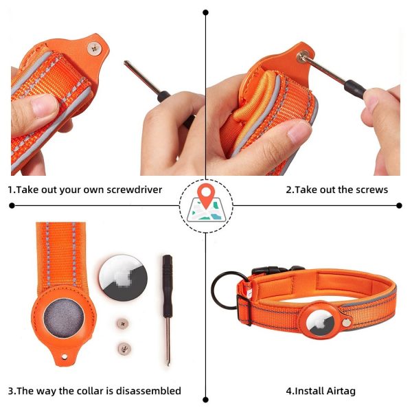 Custom Air tag dog collar with reflective stripe leather pocket for tag tracker Apple connecting pet collar