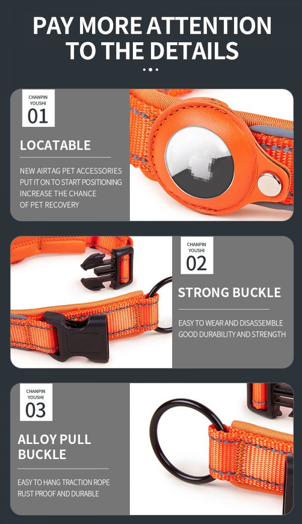 Custom Air tag dog collar with reflective stripe leather pocket for tag tracker Apple connecting pet collar