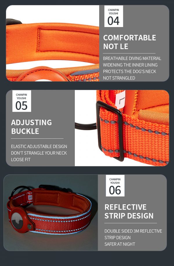 Custom Air tag dog collar with reflective stripe leather pocket for tag tracker Apple connecting pet collar
