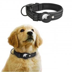 Custom Air tag dog collar with reflective stripe leather pocket for tag tracker Apple connecting pet collar